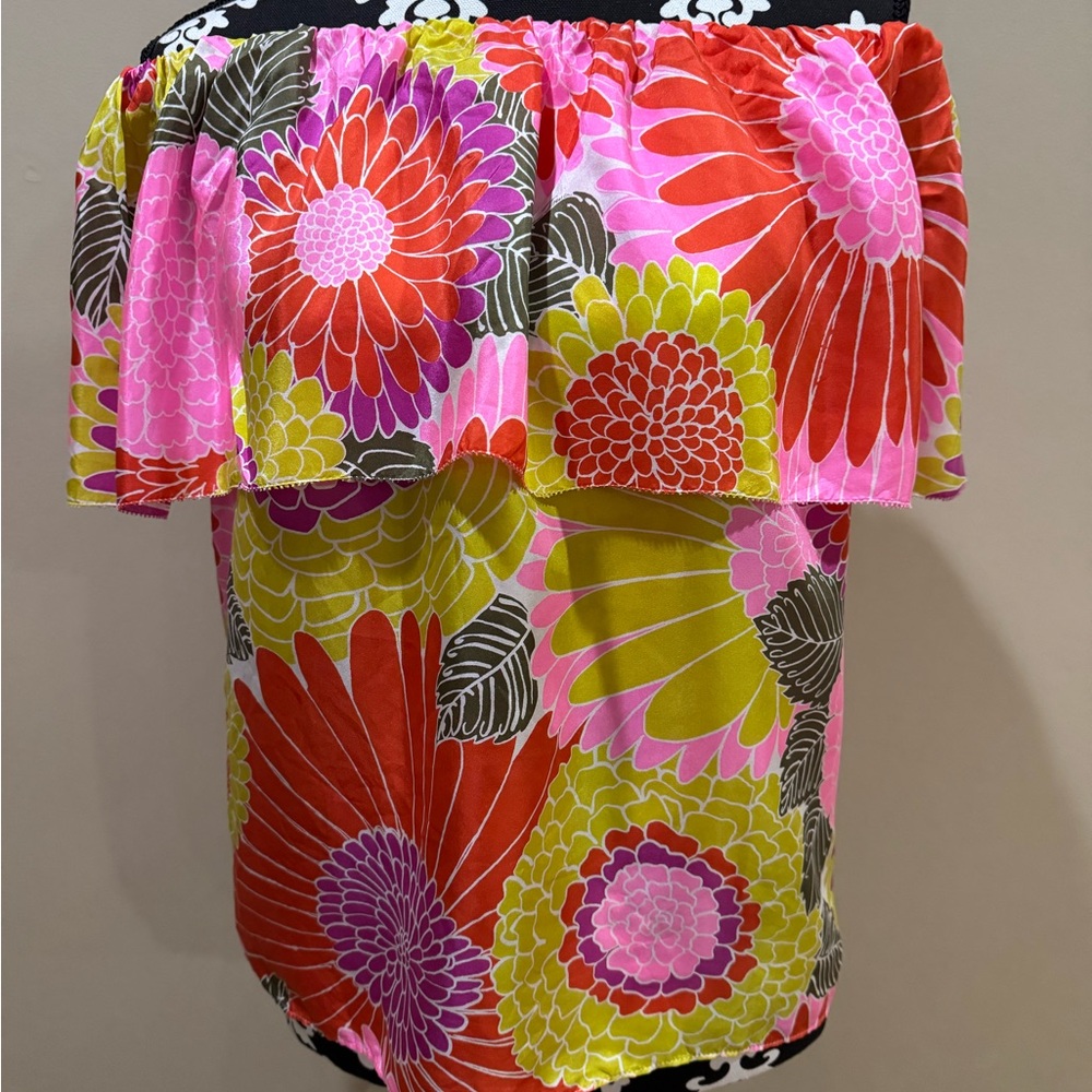 Trina Turk Pink and Orange Ruffled Off-Shoulder Blouse